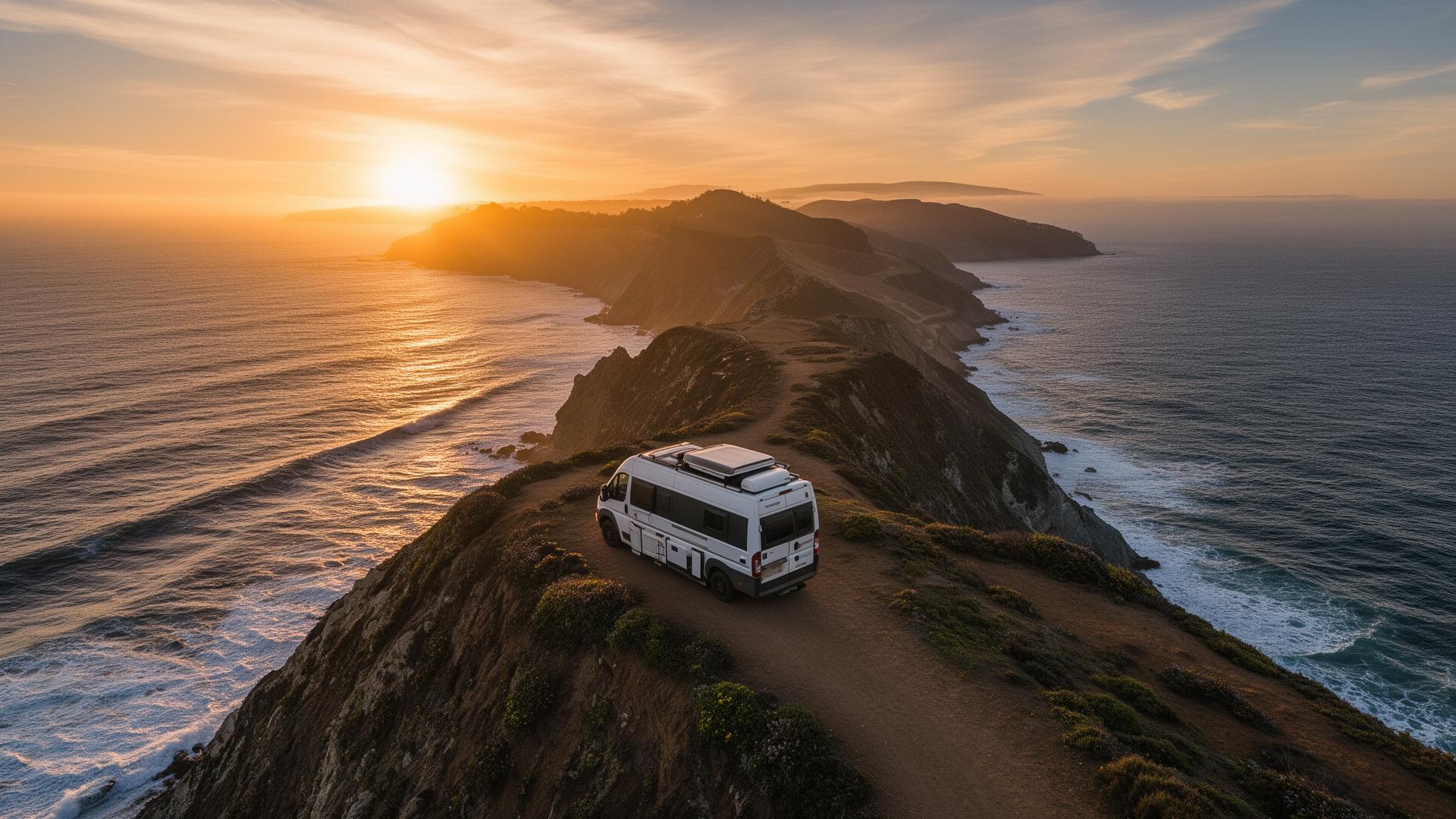 Camper van parked on a coastal cliff at sunset
